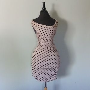 Oo lala! Guess short bodycon draped polka dot nude pink and black mini dress S
